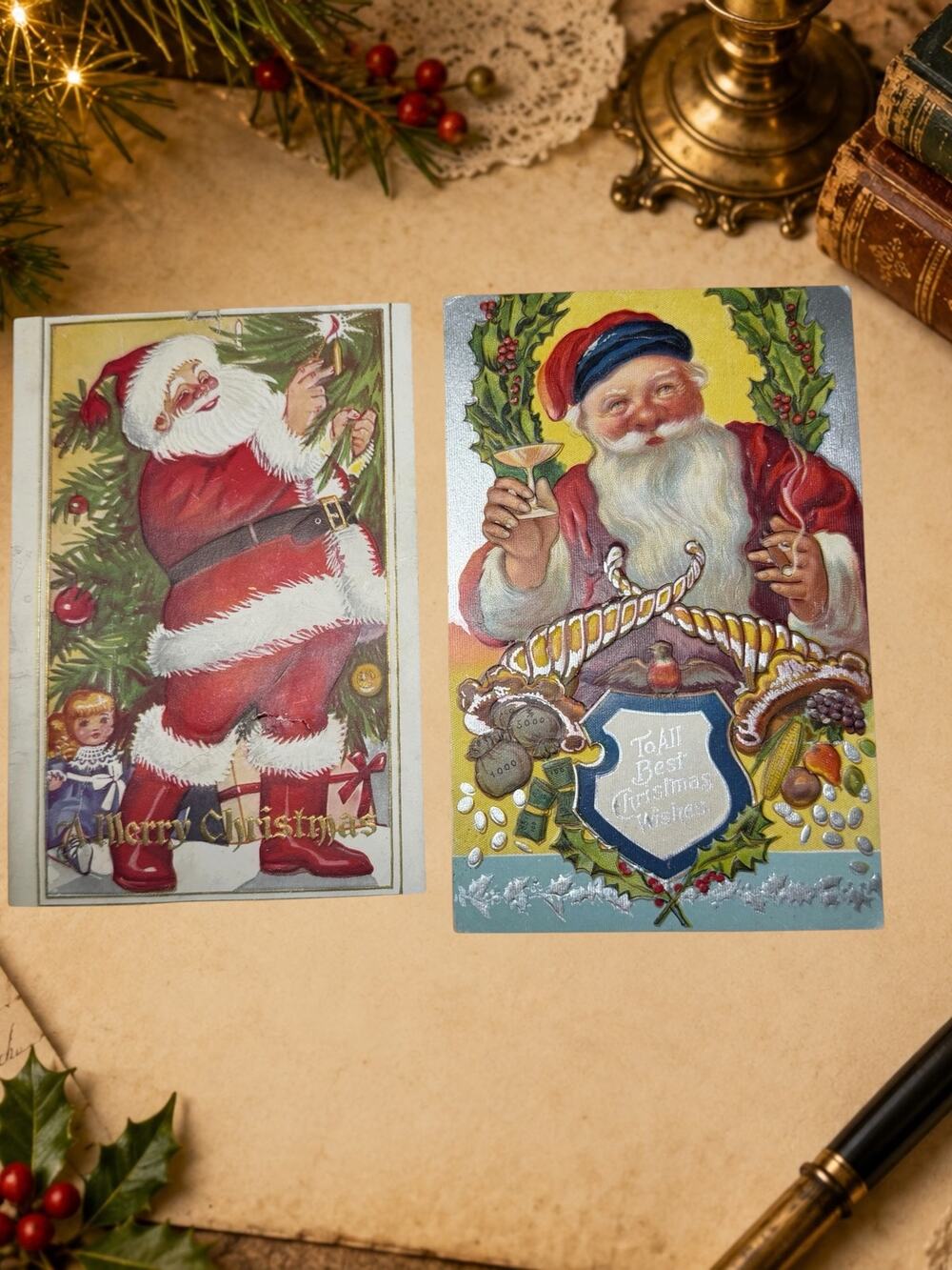 Antique c1910 Embossed Santa Christmas Postcards Pair Holiday Ephemera